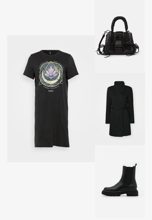 Sort frakke lavet af en uldblanding, med en foldet krave, lange ærmer og en bælte i taljen. Glat tekstur med minimal detaljer.; Sort T-shirt-kjole med en afslappet pasform, der har et grafik af en lilla lotusblomst og geometriske mønstre på forsiden. Korte ærmer.; Sorte læder Chelsea-støvler har en glat overflade, elastiske sidetillæg, en løftestang og en kraftig gummisål med en tekstureret slidbane.; Sort håndtaske med en netlignende overflade, vævet håndtag og dekorativ snøring. Indeholder aftagelig rem og kontrasterende metaldele.