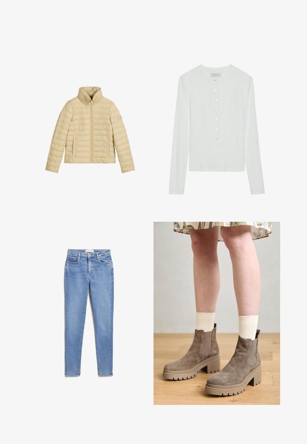 Beige donsjack met een opstaande kraag, ritssluiting aan de voorkant, horizontale stiksels en twee zijzakken. Glad, lichtgewicht materiaal.; Witte lange mouwen top van ribstof, met een ronde halslijn en een knopenfront met zes doorzichtige knopen.; Lichtblauwe denim jeans met een slim fit, met voorzakken, een knoopsluiting en een subtiele vervaagde textuur.; Tamaris Enkellaarsjes met plateauzool - taupe