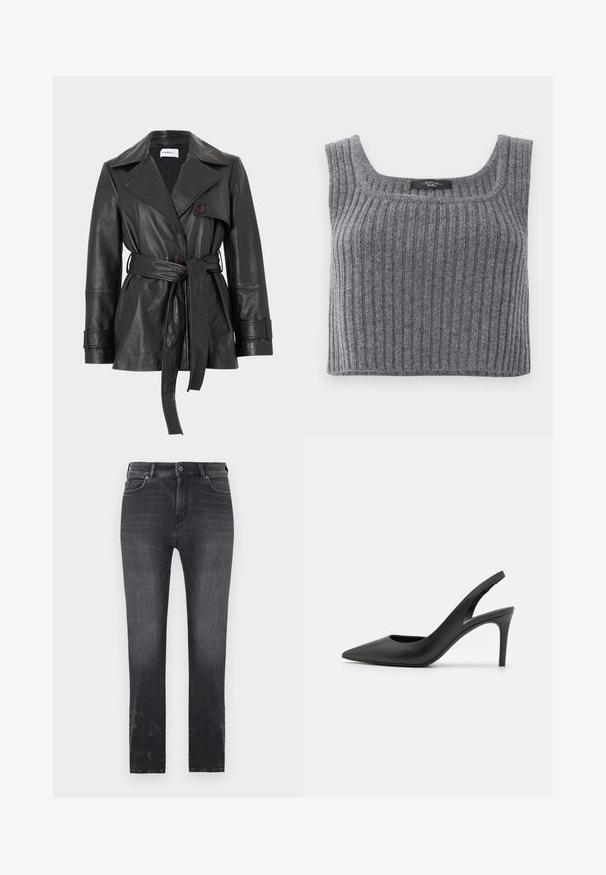 Sort læderjakke med bælte, brede revers, knapdetaljer og stropper ved ærmekanterne, vist på en hvid baggrund.; Weekend Max Mara ZURCA - Top - antracite; Mørkegrå denimjeans med et lige ben-design, forsynet med knaplukning, fem lommer og diskrete falmede detaljer på stoffet.; Sorte læder slingback høje hæle med spids tå-design, der har en udskæring fortil og en tynd stiletto-hæl.