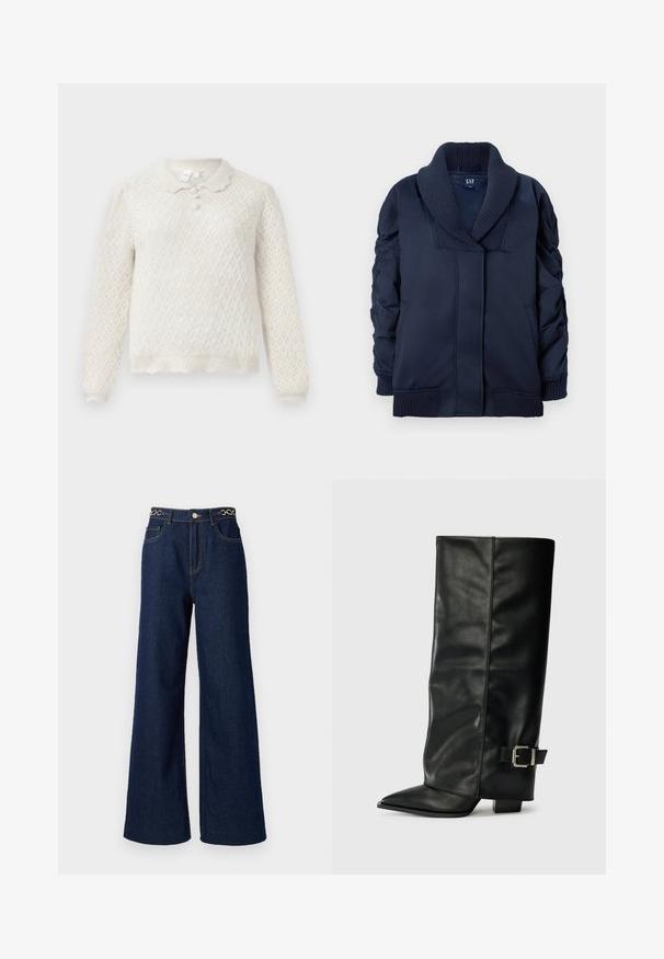 Veste bleu marine avec col châle à côtes, manchons froncés, poches avant, ainsi que des poignets et un ourlet à côtes, pliée à plat sur fond blanc.; Pull en tricot couleur crème avec motif en losanges, manches longues, ourlet festonné et col à trois boutons.; Des jeans en denim bleu marine à jambes larges présentent une taille haute, des accents en chaîne dorée à la taille, et des détails de couture contrastants tout au long.; Bottes noires en cuir longueur cheville avec un bout pointu, texture lisse et une accent en boucle argentée sur le côté. Talon carré épais.