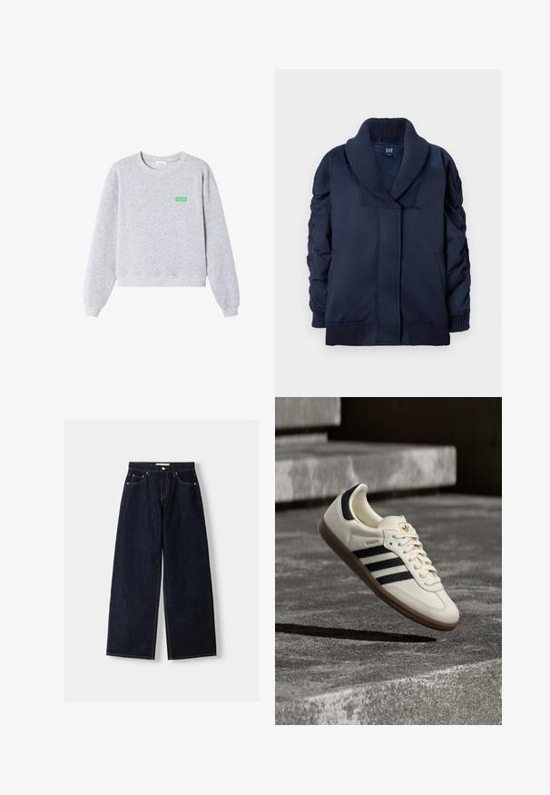 Marineblaue Jacke mit geripptem Schalkragen, gerafften Ärmeln, Fronttaschen sowie gerippten Bündchen und Saum, flach auf weißem Hintergrund gefaltet.; Hellgrauer Sweatshirt mit Rundhalsausschnitt und langen Ärmeln, gerippten Bündchen und Saum sowie kleinem grünen "American Vintage"-Text auf der linken Brust.; Dunkelblaue, weite Jeans mit hoher Taille, fünf Taschen, Kontrastnähten und silbernem Metallzubehör. Glatte Textur und saubere Verarbeitung.; Weißer Adidas Samba Sneaker mit schwarzen Streifen und Gummisohle, schwebend über strukturierten grauen Betontreppen.