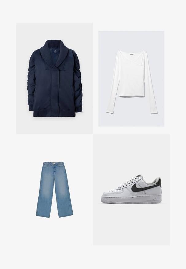 Navyblauwe jas met geribbelde sjalkraag, geraffineerde mouwen, voorzakken en geribbelde manchetten en onderrand, plat gevouwen op een witte achtergrond.; Witte long-sleeve top met een crossover ontwerp en een zak. Gemaakt van een gladde, rekbare stof. Geknipt in een casual, relaxte pasvorm.; Lichtblauwe wijde jeans van denim, met een hoge taille, rechte snit en contrasterende stiksels. Geen versieringen of slijtage.; Witte leren sneaker met grijze accenten, ronde neus, textuur op het oppervlak, gewatteerde kraag en contrasterend zwart swoosh-logo. Luchtkussen zool.