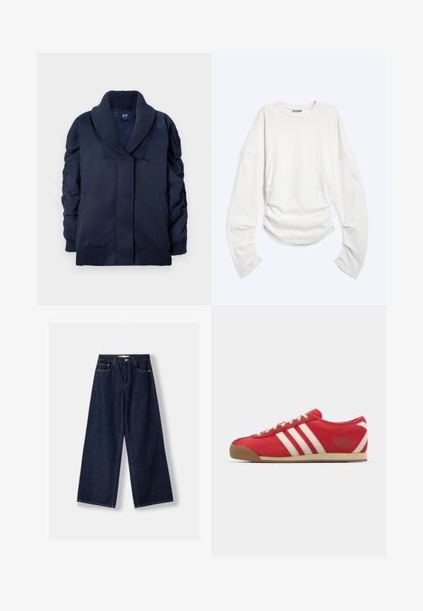 Mørkeblå jakke med ribbet sjalkrave, rynkede ærmer, frontlommer samt ribbede manchetter og kant, lagt fladt på hvid baggrund.; Hvid langærmet crewneck-shirt med rynkedetaljer i taljen og en afslappet pasform, mærket "WEEKDAY" inde i kraven.; Mørkeblå vidde denimjeans med knap- og lynlås foran, forlommer og bæltestropper, lagt fladt på en hvid baggrund.; Røde nubuck sportsko med tre hvide striber. Gummisål, lavtop design, rund tå og snørebånd. Tekst "adidas Italia" på siden.