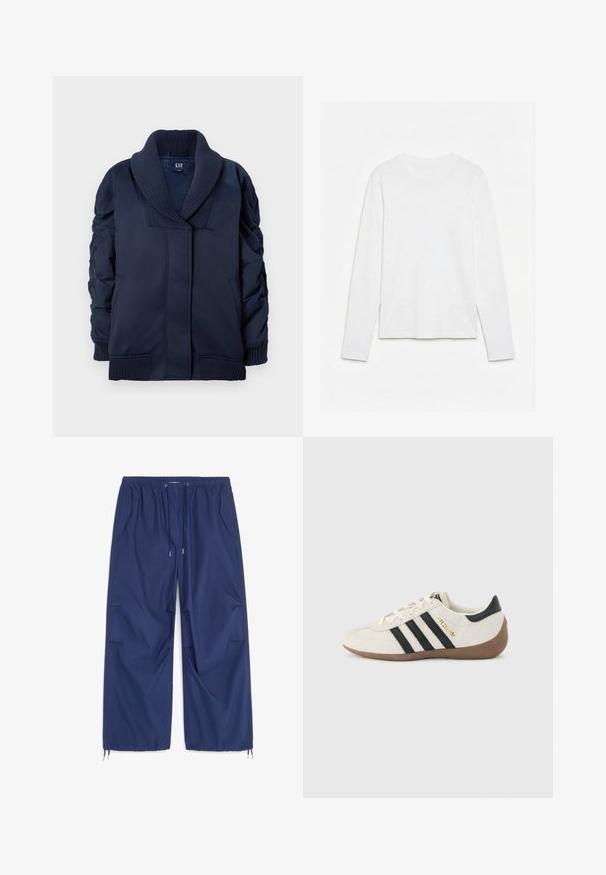 Veste bleu marine avec col châle à côtes, manchons froncés, poches avant, ainsi que des poignets et un ourlet à côtes, pliée à plat sur fond blanc.; T-shirt blanc uni à manches longues et col rond, posé à plat sur une surface blanche, montrant l'avant et la longueur complète des manches.; Pantalon bleu marine à jambes larges avec taille élastique, cordon de serrage, poches latérales et cordons ajustables aux ourlets des chevilles.; Baskets blanches Adidas avec des rayures noires, une semelle texturée marron, et le lettrage doré "SPEZIAL" sur le côté, vues du côté extérieur.