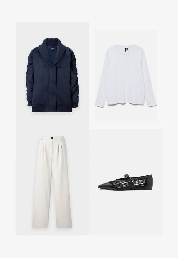 Veste bleu marine avec col châle à côtes, manchons froncés, poches avant, ainsi que des poignets et un ourlet à côtes, pliée à plat sur fond blanc.; T-shirt blanc uni à manches longues et col rond avec des étiquettes de taille et de marque noires à l'intérieur du col, présenté à plat sur un fond blanc.; Pantalons beige à jambes larges en tissu lisse, avec des plis avant, une fermeture à bouton unique et des poches latérales pour plus de praticité.; Chaussure plate noire avec un bout pointu, panneaux latéraux en maille et une sangle avec une boucle décorative. Fini lisse sur les sections du bout et du talon.