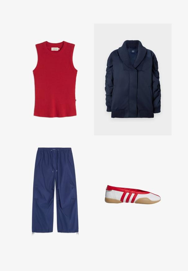 Veste bleu marine avec col châle à côtes, manchons froncés, poches avant, ainsi que des poignets et un ourlet à côtes, pliée à plat sur fond blanc.; Haut rouge sans manches en maille côtelée avec encolure ronde et petite étiquette de marque à l'intérieur du col.; Pantalon bleu marine à jambes larges avec taille élastique, cordon de serrage, poches latérales et cordons ajustables aux ourlets des chevilles.; Chaussure plate rouge et blanche avec un bout arrondi, fabriquée en matériau synthétique lisse. Dotée de trois bandes rouges et d'une semelle en caoutchouc couleur tan.
