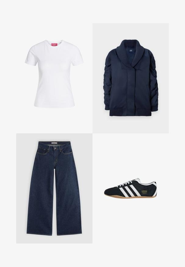 Mørkeblå jakke med ribbet sjalkrave, rynkede ærmer, frontlommer samt ribbede manchetter og kant, lagt fladt på hvid baggrund.; Hvid slimfit t-shirt med korte ærmer og rund halsudskæring med en lyserød JJXX-label indeni kraven, vist mod en ensfarvet baggrund.; Mørkeblå vidde cowboybukser med forlommer, bæltestropper og knaplukning, vist fladt på en lys baggrund.; Sort ruskinds sneaker med hvide tre striber, guldlogo og en brun gummisål. Har et lavprofil snørebåndsdesign.