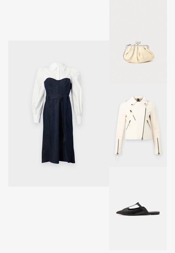 Veste asymétrique écru avec fermeture éclair, col, quatre poches éclair visibles et manches longues avec poignets zippés.; Robe en denim avec un corsage structuré bleu foncé et des manches blanches style chemise. Présente une taille cintrée et une ceinture assortie.; Chaussure en cuir noir à talon ouvert avec un bout pointu, présentant un accent tressé et un design supérieur plissé. Semelle plate avec un matériel minimal.; Pochette en cuir beige plissé avec un cadre en métal argenté, dotée de deux fermoirs ronds décoratifs et d'une chaîne en argent.