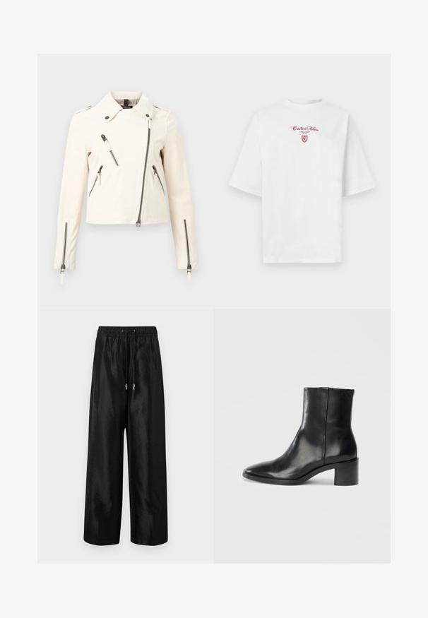 Off-white asymmetrisk lynlåstrøje med krave, fire synlige lynlås-lommer og lange ærmer med lynlåsmanchetter.; Hvid oversized T-shirt med korte ærmer og rød tekst "Calvin Klein New York EST 1968" samt et lille skjoldlogo på brystet.; Sorte brede bukser lavet af blankt stof med elastisk talje og snøre, med sølv hardware-detaljer.; Sorte læderankelstøvle med spids tå, lav blokhæl og subtilt præget logo. Glat tekstur med et elegant design og minimal søm.