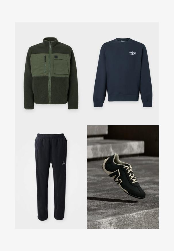 Fleece bunda v tmavozelenej farbe so zipsovým zatvorením. Obsahuje náprsné vrecko a textúrovanú tkaninu. Vysoký golier s minimálnymi hardvérovými detailmi.; Tmavomodrá mikina s okrúhlym výstrihom a dlhými rukávmi s bielym nápisom "Maison Kitsuné" na ľavej strane hrude.; Čierne športové nohavice z mäkkého a textúrovaného materiálu, s elastickým pásom, bočnými vreckami a trojuholníkovou logovou akcentáciou na stehne.; Čierno-béžová teniska s textúrovanou podrážkou a veľkým detailom v tvare písmena „M“, ktoré sa vznáša nad textúrovanými betónovými schodmi v neutrálnej svetlosti.