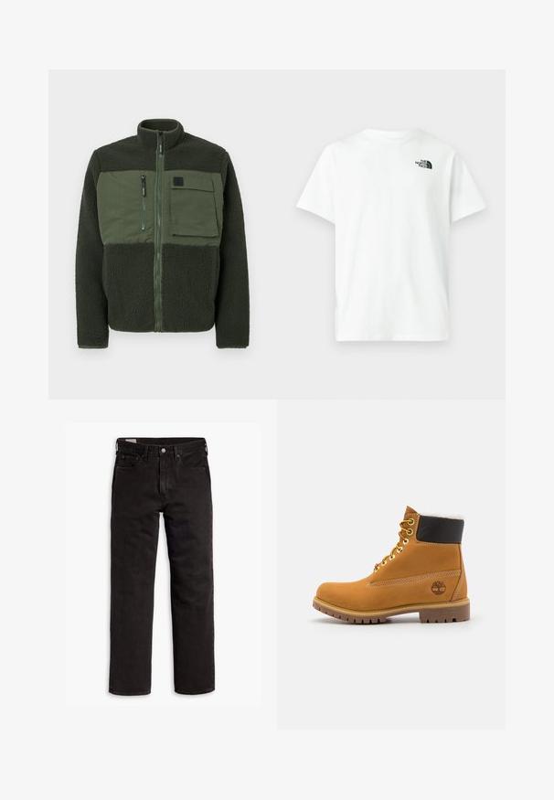 Fleece jack in donker groen met een ritssluiting aan de voorkant. Bevat een patchzak en textiel met structuur. Hoge kraag met minimale hardware-details.; Wit katoenen T-shirt met korte mouwen en een ronde hals, met een klein zwart logo van The North Face op de linkerborst.; Zwarte recht gesneden denim jeans met vijf zakken, knoopsluiting en riemlussen, plat gelegd op een witte achtergrond.; Bruine leren enkellaars met metalen oogjes, witte faux bont voering, zwarte gewatteerde kraag, robuuste zool en een reliëflogo aan de zijkant.
