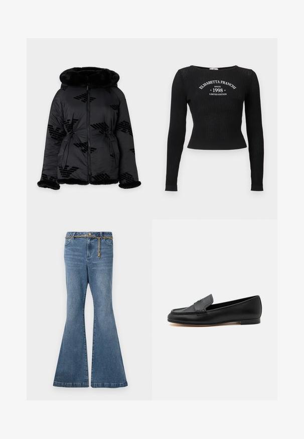 Veste matelassée noire avec bordure en fourrure sur la capuche, les poignets et l'ourlet, dotée d'une fermeture éclair intégrale à l'avant et de logos subtilement décorés.; Haut noir en tricot côtelé à manches longues avec un col rond et un texte graphique blanc indiquant "ELISABETTA FRANCHI SINCE 1998 LIMITED EDITION".; Jean flare en denim délavé moyen, avec un détail en chaîne dorée à la taille et une conception standard à cinq poches.; Mocassin en cuir noir avec un petit talon, des détails cousus et un petit accent métallique sur la tige supérieure.
