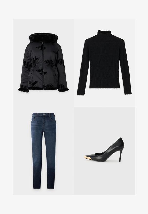 Veste matelassée noire avec bordure en fourrure sur la capuche, les poignets et l'ourlet, dotée d'une fermeture éclair intégrale à l'avant et de logos subtilement décorés.; Pull en maille côtelée noir à col roulé, à manches longues et finition texturée. Présente des rayures horizontales et un ourlet festonné au niveau des manches.; Jean en denim bleu foncé avec une coupe droite. Dispose d'une fermeture à bouton et à glissière, de cinq poches et de surpiqûres contrastées. Texture lisse.; Pompe à talon haut en cuir noir avec bout pointu ; présente une accentuation métallique dorée sur le capuchon. Surface lisse avec un design épuré.