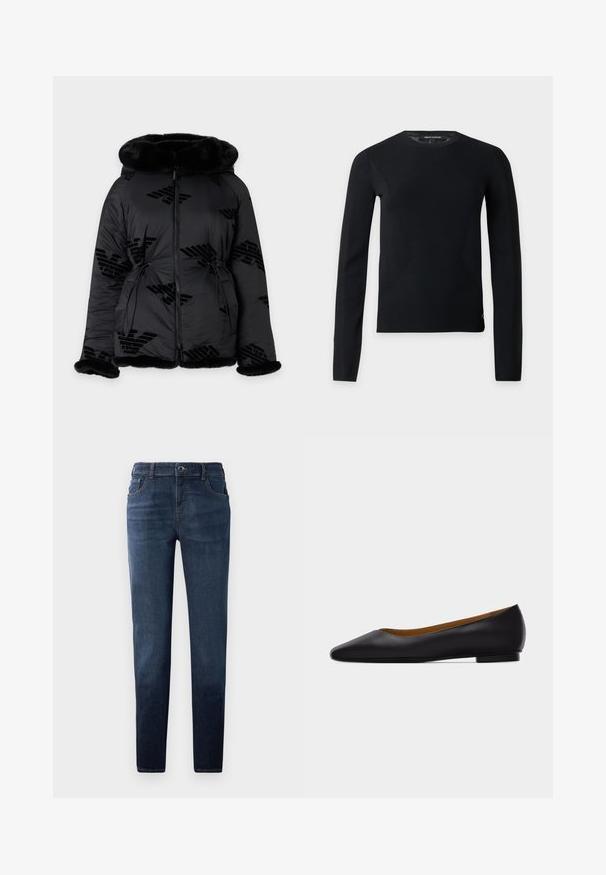 Sort polstret jakke med pelskant på hætte, manchetter og kant, med fuld lynlås foran og diskrete mønstrede logoer.; Sort langærmet crewneck sweater med slim pasform og subtile syningsdetaljer, vist på en ensfarvet lys baggrund.; Mørkeblå denim jeans med lige pasform. Har en knap- og lynlås-lukning, fem lommer og kontrastsyet. Glat tekstur.; Sort læder flad sko med spids tå, lav hæl og glat finish, vist fra siden på en lysegrå baggrund.