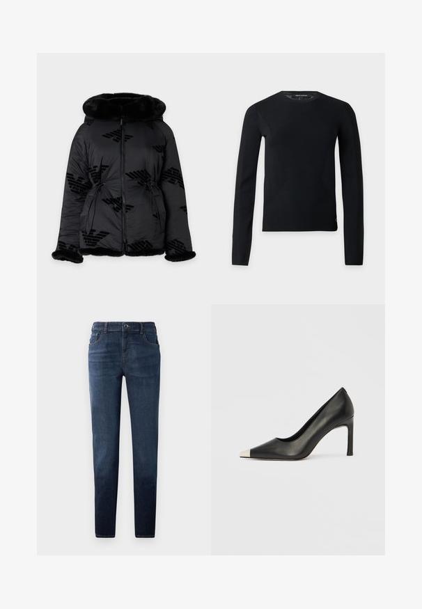 Sort polstret jakke med pelskant på hætte, manchetter og kant, med fuld lynlås foran og diskrete mønstrede logoer.; Sort langærmet crewneck sweater med slim pasform og subtile syningsdetaljer, vist på en ensfarvet lys baggrund.; Mørkeblå denim jeans med lige pasform. Har en knap- og lynlås-lukning, fem lommer og kontrastsyet. Glat tekstur.; Sort læder højhælet sko med spids tå og metal-sølv hætte. Har en glat finish og en slank hæl på 10 cm.