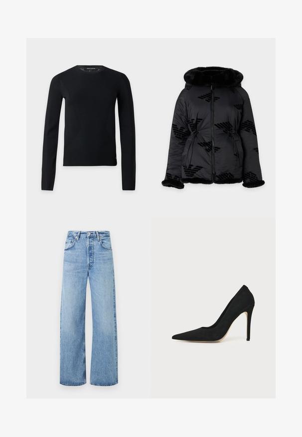 Veste matelassée noire avec bordure en fourrure sur la capuche, les poignets et l'ourlet, dotée d'une fermeture éclair intégrale à l'avant et de logos subtilement décorés.; Pull noir à manches longues avec col rond, coupe slim et détails subtils de couture, présenté sur un fond clair uni.; Jean bleu clair taille haute à jambes larges avec poches avant et fermeture par bouton sur fond blanc.; Escarpin stiletto noir à talon haut avec bout pointu et texture lisse, présenté de profil sur un fond clair uni.