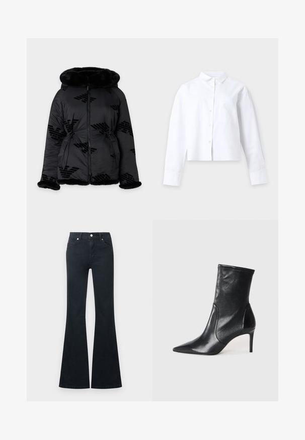 Veste matelassée noire avec bordure en fourrure sur la capuche, les poignets et l'ourlet, dotée d'une fermeture éclair intégrale à l'avant et de logos subtilement décorés.; Chemise blanche à manches longues avec col et poche devant, posée à plat sur un fond clair uni.; Jean en denim noir évasé avec une taille haute, cinq poches et une fermeture à bouton métallique. Texture lisse et détails de couture contrastés.; Bottes noires à la cheville en cuir lisse, dotées d'un bout pointu, d'un tige ajustée et d'un talon haut fin. Design minimaliste sans quincaillerie visible.