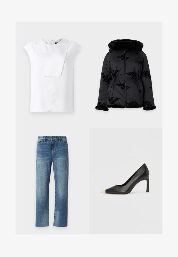 Chaqueta acolchada negra con ribete de pelo en la capucha, los puños y el dobladillo, con cremallera completa frontal y logos sutiles con patrón.; Blusa blanca de manga corta con escote redondo y un detalle en panel frontal rectangular, presentada sobre un fondo liso.; Jeans de mezclilla azul con un diseño de pierna recta, con cierre de botón, bolsillos frontales y una textura desgastada en todo su superficie.; Zapato de tacón alto de cuero negro con punta en forma de pico y una tapa metálica plateada. Presenta un acabado suave y un tacón delgado de 10 cm.