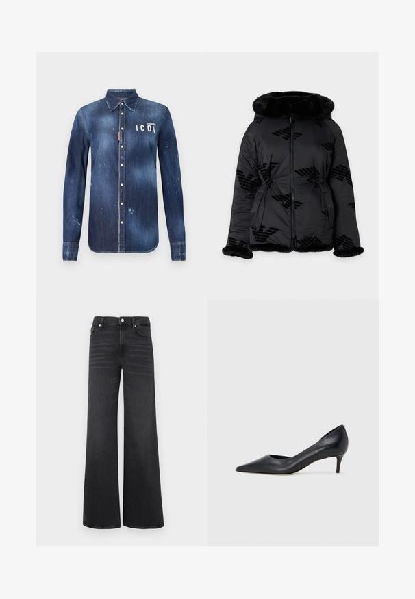 Chaqueta acolchada negra con ribete de pelo en la capucha, los puños y el dobladillo, con cremallera completa frontal y logos sutiles con patrón.; Camisa de denim en azul oscuro, con un diseño de botones, desgarros preservados, acentos desgastados y texto blanco "ICON" en el pecho.; Vaqueros negros de talle alto y pierna ancha con botones frontales y bolsillos, mostrados sobre un fondo blanco liso.; Zapato de tacón bajo de cuero negro con punta puntiaguda. Presenta una textura lisa y un brillo sutil. Corte abierto en la parte frontal para un detalle adicional.
