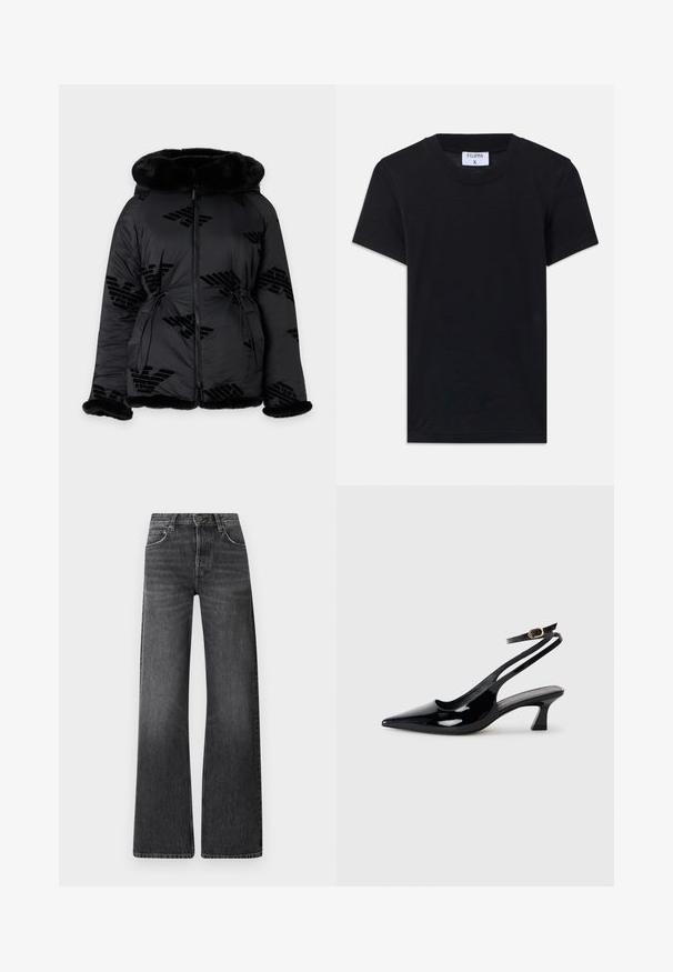 Schwarze gesteppte Jacke mit Fellbesatz an Kapuze, Bündchen und Saum, mit durchgehendem Frontreißverschluss und dezenten gemusterten Logos.; Schwarzes Baumwoll-T-Shirt mit Rundhalsausschnitt, kurzen Ärmeln und lässiger Passform. Das Etikett trägt am Halsbereich die Bezeichnung "FILIPPA K".; Schwarze Denim-Jeans mit hoher Taille und weitem Bein. Verfügt über fünf Taschen und eine subtile verbleichte Textur mit kontrastierenden Nähten.; Schwarze Lackleder Slingback-Absätze mit spitzem Schuhblatt, niedrigem Blockabsatz und verstellbarem Knöchelriemen mit goldener Schnalle.