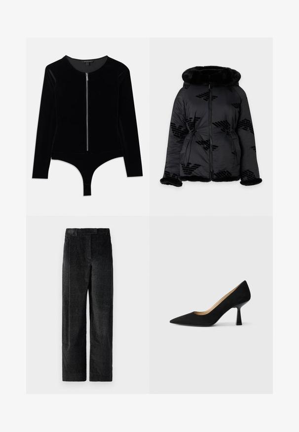 Veste matelassée noire avec bordure en fourrure sur la capuche, les poignets et l'ourlet, dotée d'une fermeture éclair intégrale à l'avant et de logos subtilement décorés.; Bodysuit en velours noir avec des manches longues, un col rond et une fermeture éclair à l'avant ; présente un bas tanga et une texture lisse.; Pantalons larges noirs texturés avec un tissage prononcé, dotés de plis à l'avant et d'une taille plate. Design classique pour la polyvalence.; Pompe à talons hauts en suède noir avec un bout pointu, dotée d'un talon bloc noir brillant et d'une doublure intérieure lisse.