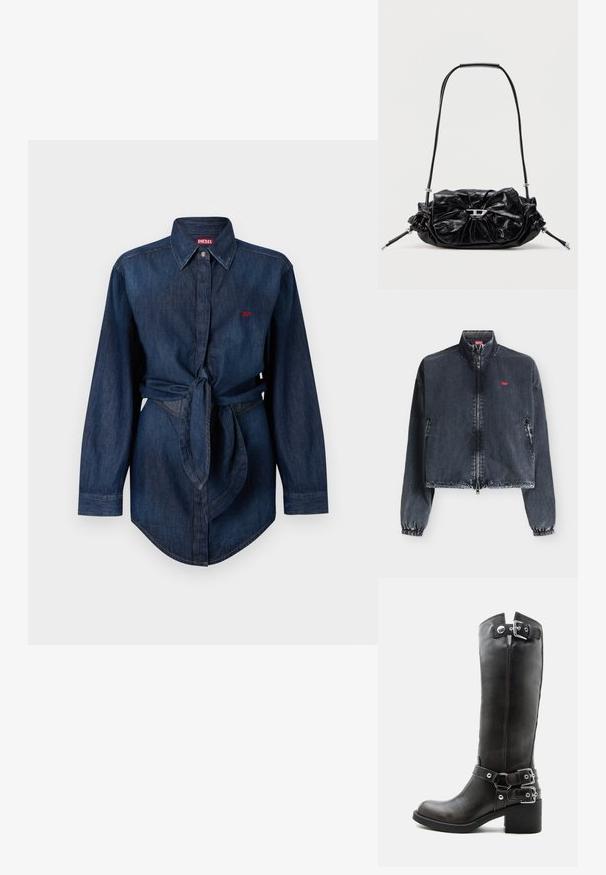 Veste en jean foncée délavée avec fermeture éclair avant, poignets élastiques, col montant, poches latérales et petit logo rouge sur la poitrine gauche.; Chemise en denim bleu foncé à manches longues avec col, fermeture à boutons sur le devant, ceinture à la taille et petit logo Diesel rouge sur la poitrine.; Botte haute en cuir noir avec talon épais et trois boucles argentées réglables sur la tige et la cheville.; Sac à main en cuir noir avec un design froncé et un détail en forme de nœud sur le devant. Dispose d'une poignée courte et d'accents de quincaillerie argentée.