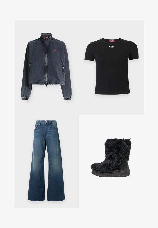 Dunkel gewaschene Jeansjacke mit Frontreißverschluss, elastischen Bündchen, hohem Kragen, Seitentaschen und kleinem roten Logo auf der linken Brust.; Schwarzes, geripptes T-Shirt mit kurzen Ärmeln, einem Rundhalsausschnitt und einem kleinen silbernen Logodetail in der Mitte vorne.; Weit geschnittene Jeans aus dunkelblauem Denim, mit einem verwaschenen Finish, traditionellem Fünf-Taschen-Design und einer Metallknopfleiste an der Taille.; Schwarze Kunstfell-Ankle-Boots mit einer dicken schwarzen Gummisohle und strukturiertem Obermaterial. Verfügt über eine Zuglasche auf der Rückseite für ein einfaches Anziehen.