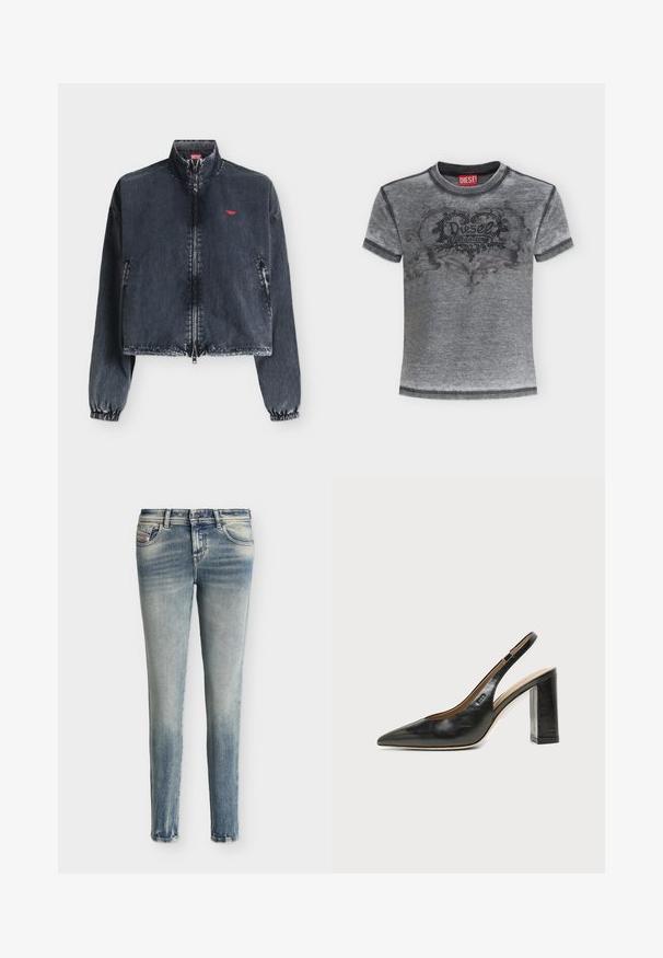 Veste en jean foncée délavée avec fermeture éclair avant, poignets élastiques, col montant, poches latérales et petit logo rouge sur la poitrine gauche.; T-shirt gris à manches courtes de la marque Diesel avec un cœur noir à pois et un motif floral sur la poitrine et une étiquette rouge Diesel à l'intérieur du col.; Jean en denim bleu délavé slim avec poches avant et fermeture par boutons, présenté sur un fond blanc uni.; Chaussure slingback en cuir noir à bout pointu avec un talon bloc haut et une doublure intérieure beige sur un fond clair uni.