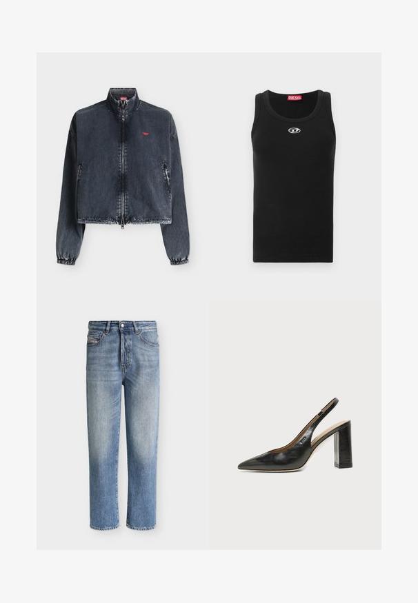 Veste en jean foncée délavée avec fermeture éclair avant, poignets élastiques, col montant, poches latérales et petit logo rouge sur la poitrine gauche.; Débardeur noir en tissu de coton avec encolure ronde, design sans manches, et petit logo blanc sur la poitrine.; Jean denim bleu délavé à jambes droites avec fermeture par bouton et zip, poches avant et poche monnaie, présenté sur un fond clair uni.; Chaussure slingback en cuir noir à bout pointu avec un talon bloc haut et une doublure intérieure beige sur un fond clair uni.