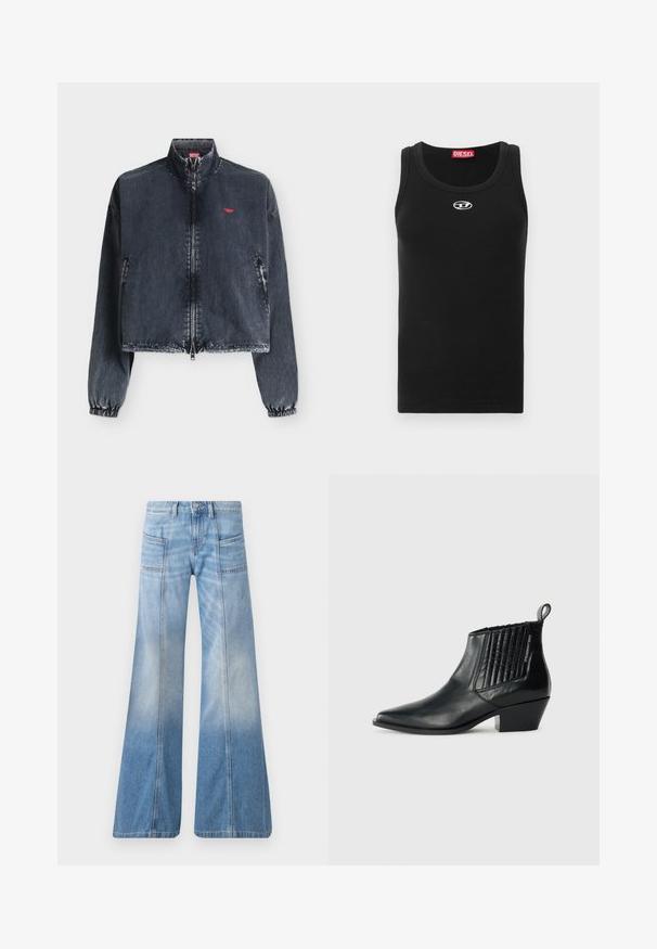 Chaqueta vaquera lavada oscura con cremallera frontal, puños elásticos, cuello alto, bolsillos laterales y pequeño logo rojo en el pecho izquierdo.; Camiseta sin mangas negra de tela de algodón con cuello redondo, diseño sin mangas y un pequeño logo blanco en la zona del pecho.; Vaqueros acampanados de color azul claro hechos de mezclilla. Cuentan con una cintura alta, cuatro bolsillos y un efecto de degradado desvaído hacia el dobladillo.; Botín de piel negra con punta afilada, panel lateral acolchado y tacón bajo tipo bloque. Marca sutil en el lateral.