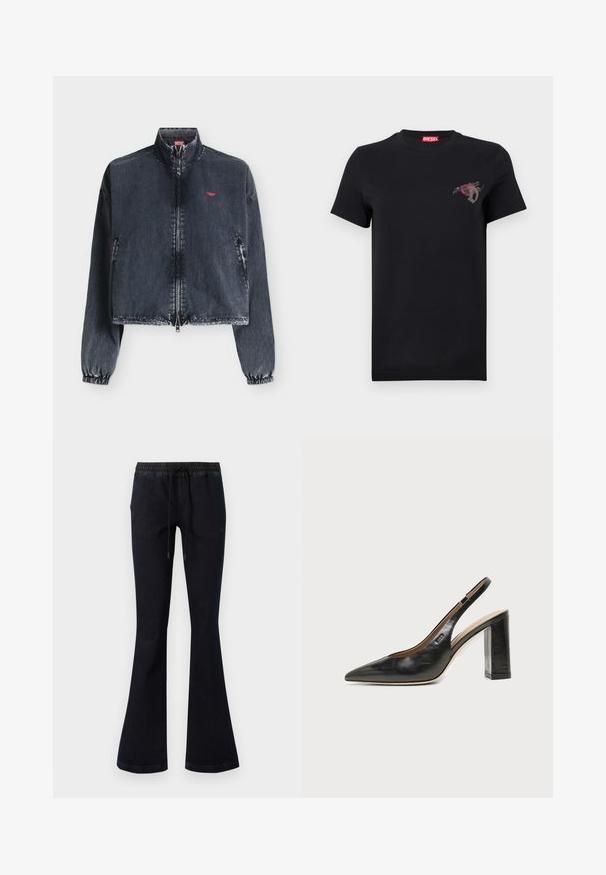 Veste en jean foncée délavée avec fermeture éclair avant, poignets élastiques, col montant, poches latérales et petit logo rouge sur la poitrine gauche.; T-shirt noir à manches courtes avec un petit motif de rose rouge et la lettre "D" grise sur le côté gauche de la poitrine, étiquette de marque Diesel rouge à l'intérieur du col.; Jean évasé bleu marine avec taille élastique et cordon de serrage noir, présenté sur un fond blanc uni.; Chaussure slingback en cuir noir à bout pointu avec un talon bloc haut et une doublure intérieure beige sur un fond clair uni.