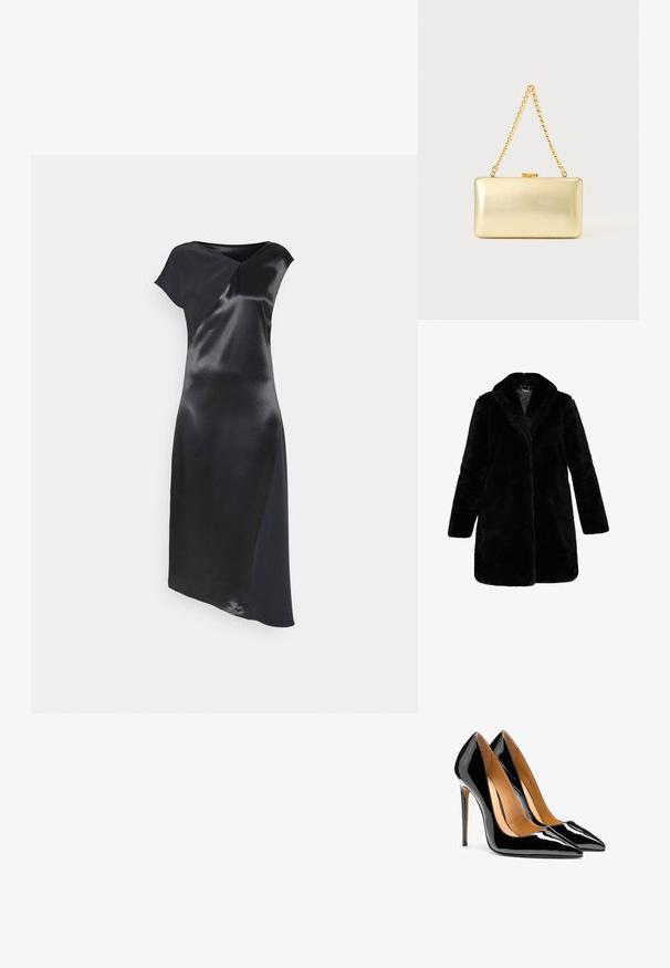 Zwarte nepbontjas met brede revers, lange mouwen en recht gesneden. Zachte textuur en gladde voering, zonder zichtbare sluitingen.; Calvin Klein NAIA SHINE MIDI DRESS - Cocktailjurk - black; Een paar glanzende zwarte lakleren pumps met puntige neus, naaldhakken en een beige binnenvoering op een witte achtergrond.; Rechthoekige gouden clutch met glanzende afwerking, metalen sluiting en korte gouden kettinghengsel tegen een effen lichte achtergrond.