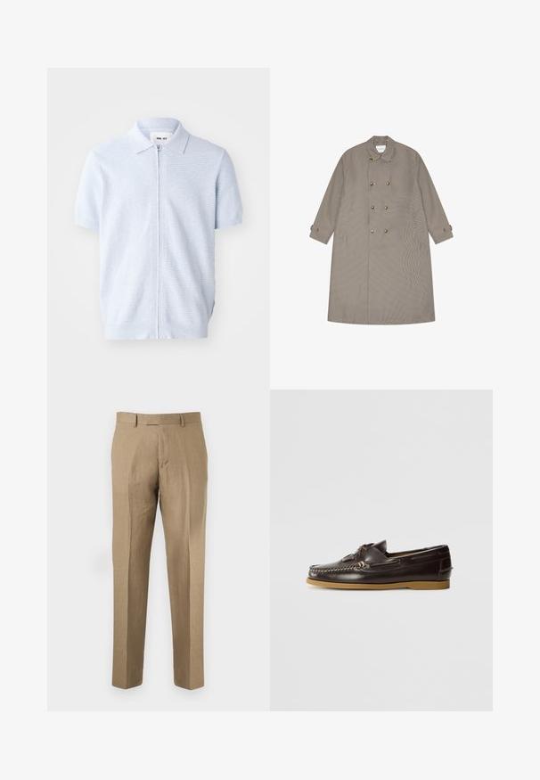 Lange beige double-breasted trenchcoat met klein ruitpatroon, knoopmanchetten en voorzakken.; Lichtblauw poloshirt met korte mouwen, voorzien van een ritsluiting en geribbelde textuur, met een klassieke kraagontwerp en een rechte zoom.; Beige op maat gemaakte broek met riemlussen, voorkreukels en een rechte pijp op een effen achtergrond.; Hereu SALER NAUTIC - Bootschoenen - dark brown