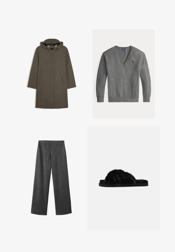 Lang olivengrøn hættetrøje med skjult frontlukning og lige sidelommer, designet til koldt vejr.; Herre grå V-hals sweater med lange ærmer og lille blåt broderet logo på venstre bryst.; Bredde bukser lavet af mørkegrå stof med en glat tekstur. Har en mellemhøj talje og ingen synlige lukninger eller udsmykninger.; Sorte, pelsede slidesandaler med en blød tekstur, åben tå-design og flad sort sål. Ingen synlig hardware eller mønstre.
