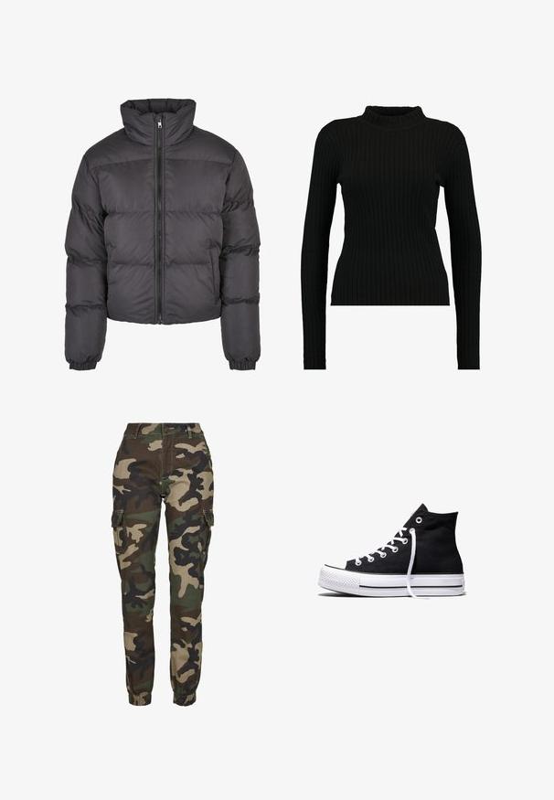 Zwarte pufferjack met een hoge kraag, ritssluiting aan de voorkant, gewatteerd ontwerp en elastische manchetten. Gladde textuur en cropped pasvorm.; EDITED JANNICE JUMPER - Trui - black; Camo cargo pants in tinten van groen, bruin en zwart; voorzien van elastische boorden, zijvakken en een veilige knoopsluiting.; Zwarte hooggesloten canvas sneaker met witte rubberen zool en witte veters, zijwaarts weergegeven op een witte achtergrond.