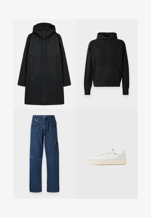Sort parka jakke med hætte, med en lige pasform, to lynlåslommer foran og justerbare snore. Glatte, vandtætte materialer.; Sort hættejakke med frontlomme, ribbede manchetter og kant. Har et minimalistisk design med et lille "WON" logo på brystet. Blødt stof.; Mørkeblå denim cargo bukser med lige snit, der har flere lommer, metalbeslag og kontraststikningsdetaljer.; Hvid sneakers med en øvre del i tekstureret ruskind og læder. Har rundet tå, snørelukning og kontrasterende beige gummisål.