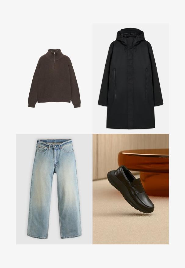 Sort parka jakke med hætte, med en lige pasform, to lynlåslommer foran og justerbare snore. Glatte, vandtætte materialer.; Brun strikket pullover med høj krave og halv lynlås. Har ribbet tekstur og dropped shoulders for en afslappet pasform.; Lyseblå, vidbenede cowboybukser med en falmet finish. Har et standard fem-lomme-design og lukning med metal knap.; Sort læderloafer med tyk sål, vist over beige tæppe og nær en rund bordfod i ravfarve.