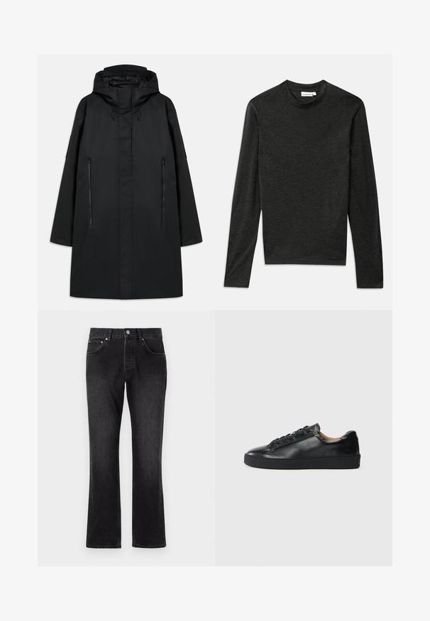 Sort parka jakke med hætte, med en lige pasform, to lynlåslommer foran og justerbare snore. Glatte, vandtætte materialer.; Mørkegrå langærmet crew neck shirt med slim fit og J. Lindeberg label ved halsudskæringen, lagt fladt på en hvid baggrund.; Sorte denim jeans med et lige ben-design, der har en mellemhøj talje, forlommer og en klassisk knaplukning.; Sorte lædersneakers med en glat overflade, rund tå og snørebåndslukning. Har en tyk gummisål og minimal branddetalje.