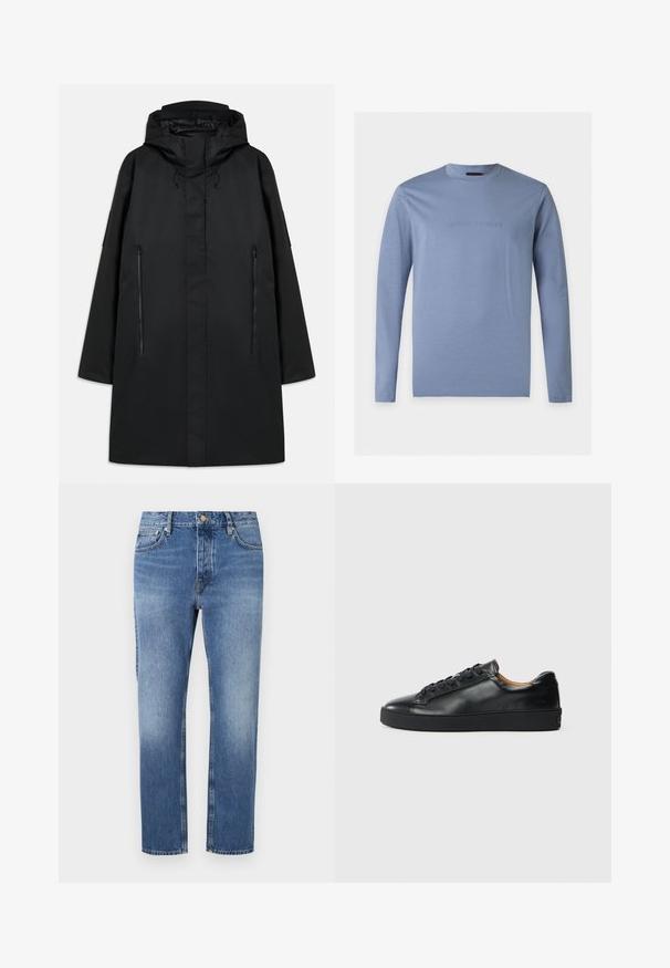 Zwarte parka-jack met een capuchon, met een rechte snit, twee met rits afsluitbare voorzakken en verstelbare trekkoorden. Glad, waterdicht materiaal.; Lichtblauw T-shirt met lange mouwen en ronde hals met geperst Emporio Armani-logo in het midden van de borst tegen een witte achtergrond.; Blauwe denim jeans met een rechte pijp, lichte wassing, klassieke vijf-pocket stijl en een sluiting met voorknop.; Zwarte leren sneaker met een gladde textuur, ronde neus en vetersluiting. Heeft een dikke rubberen zool en minimale merkaanpassing.