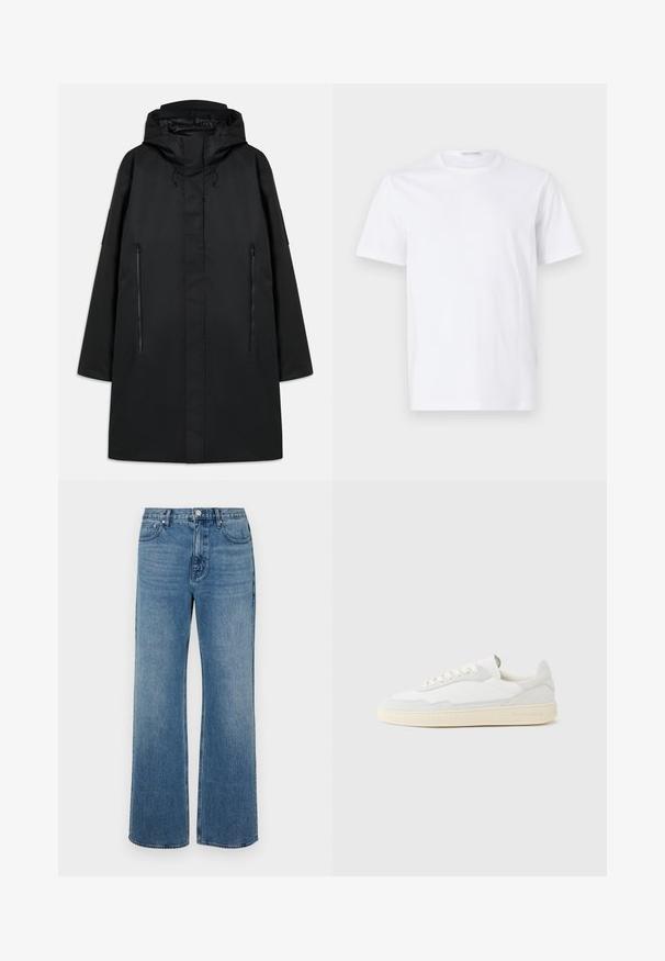 Sort parka jakke med hætte, med en lige pasform, to lynlåslommer foran og justerbare snore. Glatte, vandtætte materialer.; Hvid bomulds t-shirt med rund halsudskæring og korte ærmer. Glat tekstur, lige snit og minimalistisk design uden mønstre eller accenter.; Bredde ben blå jeans lavet af denim med en falmet finish. Har fem lommer, en frontknaplukning og en lige pasform.; Hvid sneakers med en øvre del i tekstureret ruskind og læder. Har rundet tå, snørelukning og kontrasterende beige gummisål.