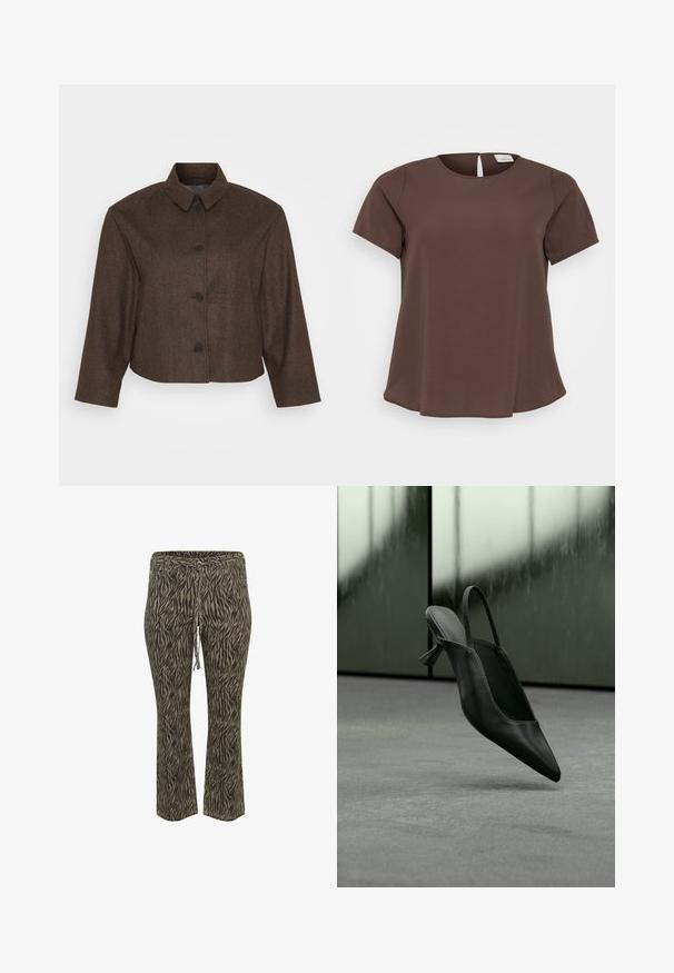 Braune kurze Jacke mit strukturiertem Design, mit Kragen, vorderer Knopfleiste und langen Ärmeln aus strukturiertem Stoff.; Braunes kurzärmliges Oberteil mit Rundhalsausschnitt und kleinem Rückenausschnitt. Hergestellt aus weichem Stoff mit leicht ausgestelltem Saum.; Elastische Hose mit Kordelzug im khaki und beigefarbenen Zebra-Muster. Mittlere Leibhöhe, ausgestellte Beinform, weicher Stoff. Geeignet für Freizeitkleidung.; Schwarzer Slingback-Highheel aus Leder mit spitzer Schuhspitze, schwebt über grauem Teppichboden, unscharfer grünlicher Wandhintergrund.