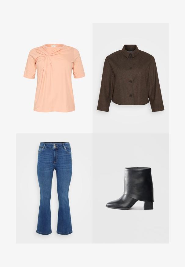 Veste courte marron au design structuré, avec un col, une fermeture à boutons sur le devant et des manches longues en tissu texturé.; T-shirt à manches courtes, couleur pêche clair, avec un détail de design torsadé à l'avant, fabriqué en tissu doux et léger avec un col rond.; Jean évasé en denim bleu à taille haute, doté de deux poches avant, d'une fermeture à bouton et d'un tissu texturé avec un léger effet délavé.; Bottine en cuir noir à bout pointu, texture lisse et talon bloc structuré. Elle se distingue par un design de revers haut et plié.