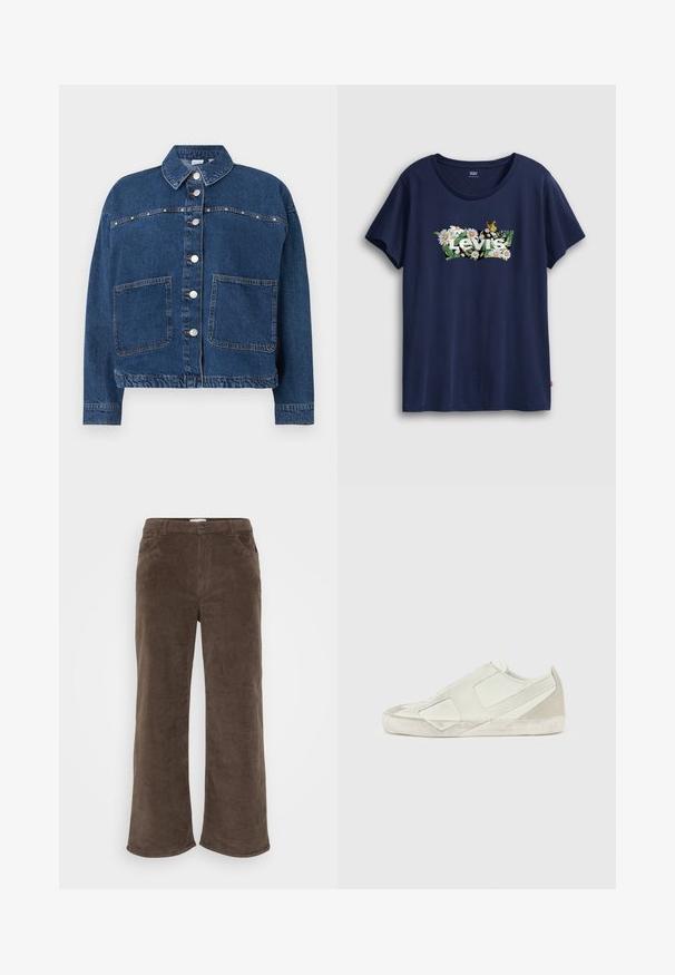 Mørkeblå denimjakke med knaplukning, to forlommer, en spids krave og synlige sømme langs sømmene.; Navyblå t-shirt lavet af bomuld, med et blomsterdesign med hvide margueritter og en sommerfugl, samt ordet "Levi's" i hvid.; Brune kordfløjlsbukser med et vidt ben-design, der har en knaplukning, bæltestropper og forlommer. Blød tekstur og ribbet stof.; Lysegrå sneakers med en blanding af glat læder og tekstureret ruskind. Har et geometrisk design og en gummisål med logodetalje.