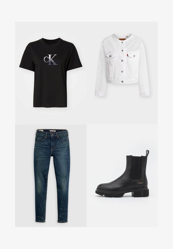 Weiße, gekürzte Jeansjacke mit langen Ärmeln, kragenlosem Design, Knopfleiste vorne und zwei mit Knöpfen versehenen Brusttaschen mit kleinem rotem Etikett.; Schwarzes Baumwoll-T-Shirt mit Rundhalsausschnitt. Verfügt über ein silbernes, gesticktes "cK"-Logo und den Text "Calvin Klein Jeans" unter dem Logo. Kurze Ärmel.; Dunkelblaue Slim-Fit-Jeans mit Frontknopf und Reißverschluss, Fünf-Pocket-Design und dezenten verblassten Details an Oberschenkeln und Knien.; Schwarze Leder-Ankle-Boots mit elastischen Seitenpaneelen und einer robusten, profilierten Sohle. Mit einer Zuglasche und goldenen Markendetails. Matte Oberfläche.
