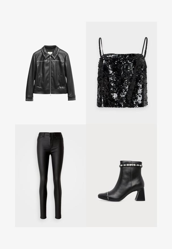 Chaqueta de cuero negro con un cuello adornado con tachuelas plateadas, cierre de cremallera, dos bolsillos frontales y adornos de tachuelas en los puños. Textura suave.; Top negro de lentejuelas con tirantes delgados ajustables, con un escote cuadrado y una superficie texturizada creada por lentejuelas superpuestas.; Jeans skinny de imitación cuero negro con una textura suave, cintura alta, cierre de botón y diseño tradicional de cinco bolsillos.; Botín negro de cuero con tacón cuadrado, adornado con tachuelas plateadas alrededor del borde superior y la puntera.