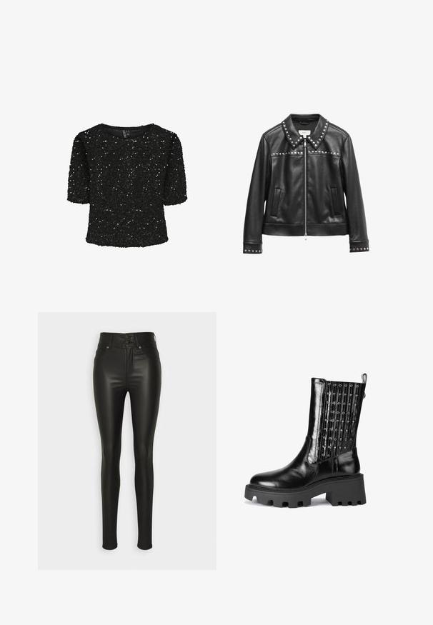 Zwarte leren jas met een kraag versierd met zilveren studs, rits sluiting, twee voorzakken en studdetails op de mouwen. Gladde textuur.; Zwarte korte mouwen top bedekt met pailletten, met een ronde halslijn en een zachte textuur. Versterkt met glans en een relaxte pasvorm.; ONLY ONLPALMER - Broek - black; Zwarte leren enkellaars met een chunky zool, voorzien van een textuur, geribbeld paneel versierd met metalen accenten en een trekband.