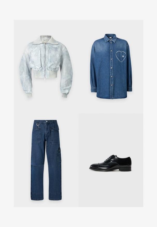 Hellblaue, kurz geschnittene Bomberjacke mit Vorderreißverschluss, großen aufgesetzten Fronttaschen, elastischem Taillenbund und gerippten Ärmelbündchen.; Blaues Denim-Hemd mit langen Ärmeln, Knopfleiste, Kragen und einem ausgefransten Herz-Aufnäher auf der linken Brustseite.; Dunkelblaue Denim-Cargo-Hosen mit geradem Schnitt, ausgestattet mit mehreren Taschen, metallischen Beschlägen und Kontrastnähten.; Schwarze Leder-Dressschuhe mit polierter Oberfläche, runder Zehenform, Schnürdesign und niedrigem gestapeltem Absatz, versehen mit einer dezenten Nahtdetail.