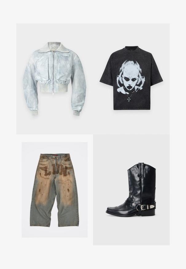 Hellblaue, kurz geschnittene Bomberjacke mit Vorderreißverschluss, großen aufgesetzten Fronttaschen, elastischem Taillenbund und gerippten Ärmelbündchen.; Schwarzes Oversized-T-Shirt mit einem weißen Motiv eines glatzköpfigen Menschen mit dunklen Augen, Lippenstift, Piercings und einer Halskette mit Kreuzanhänger.; Hellblaue Denim-Hose mit großen "LUN"-Buchstaben, die eine abgenutzte Textur und braune Flecken an der Vorderseite aufweist, locker geschnitten und mit ausgefransten Säumen.; Schwarze Ledersporenstiefel mit spitzem Zeh, hohem Schaft, dekorativer Stickerei und silberner Schnallenhardware am Riemen. Strukturiertes Finish.