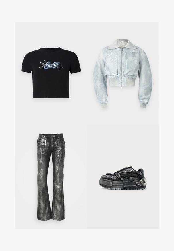 Hellblaue, kurz geschnittene Bomberjacke mit Vorderreißverschluss, großen aufgesetzten Fronttaschen, elastischem Taillenbund und gerippten Ärmelbündchen.; Schwarzes, kurzes T-Shirt aus Baumwolle mit rundem Ausschnitt, das auf der Vorderseite ein blaues und weißes "GmbH"-Logo zeigt, umgeben von kleinen Sternen.; Schwarze Jeans mit weitem Beinschnitt und glänzender, silberner Oberfläche, ausgestattet mit vier Taschen und sichtbaren Nähten. Die Textur zeigt einen gebürsteten, metallischen Effekt.; Schwarzer klobiger Sneaker mit dicker Sohle, Schnürdesign, strukturierten Riemen und Metallakzenten an Ferse und Seiten vor hellem Hintergrund.