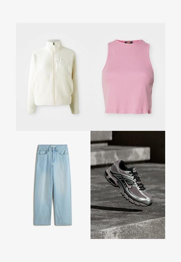 Weiße Fleecejacke mit hohem Kragen, durchgehendem Reißverschluss und einer Brusttasche. Weicher Stoff und lässiges Design.; Rosa gerippter Cropped-Top mit rundem Halsausschnitt und ärmellosem Design. Besitzt einen Saum, der knapp über der Taille endet.; Helles blaugraues, hoch geschnittenes, weit geschnittenes Jeansmodell aus Denim, mit fünf Taschen, einem Reißverschluss und subtilen Verfärbungen an den Beinen.; Nike Air Max Laufschuh mit silbernem, schwarzem und lila Mesh, in der Luft schwebend über einer Betonfläche und Treppen.